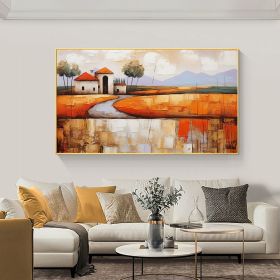 Hand Painted Oil Painting Abstract Village Oil Painting on Canvas Large Wall Art Original Minimalist Orange Landscape Art Custom Painting Boho Living (style: 01, size: 60x120cm)